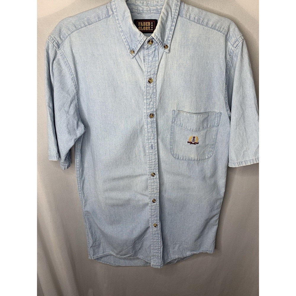 Mens S Vintage 90s Blue Denim Button Down Short Sleeve Pocket Faded Glory